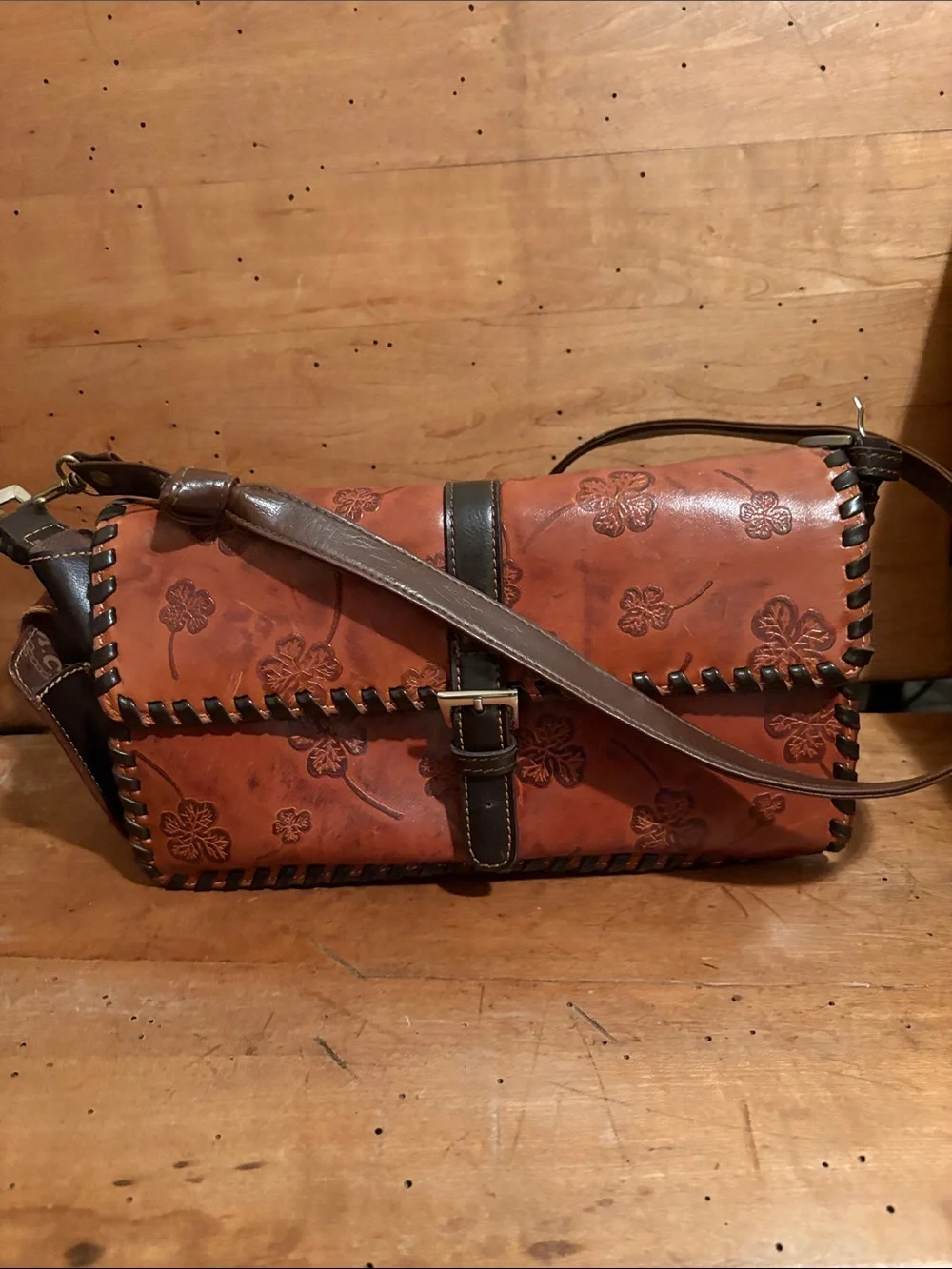 Vintage-Style Brown Floral Tooled Leather Messenger Bag
